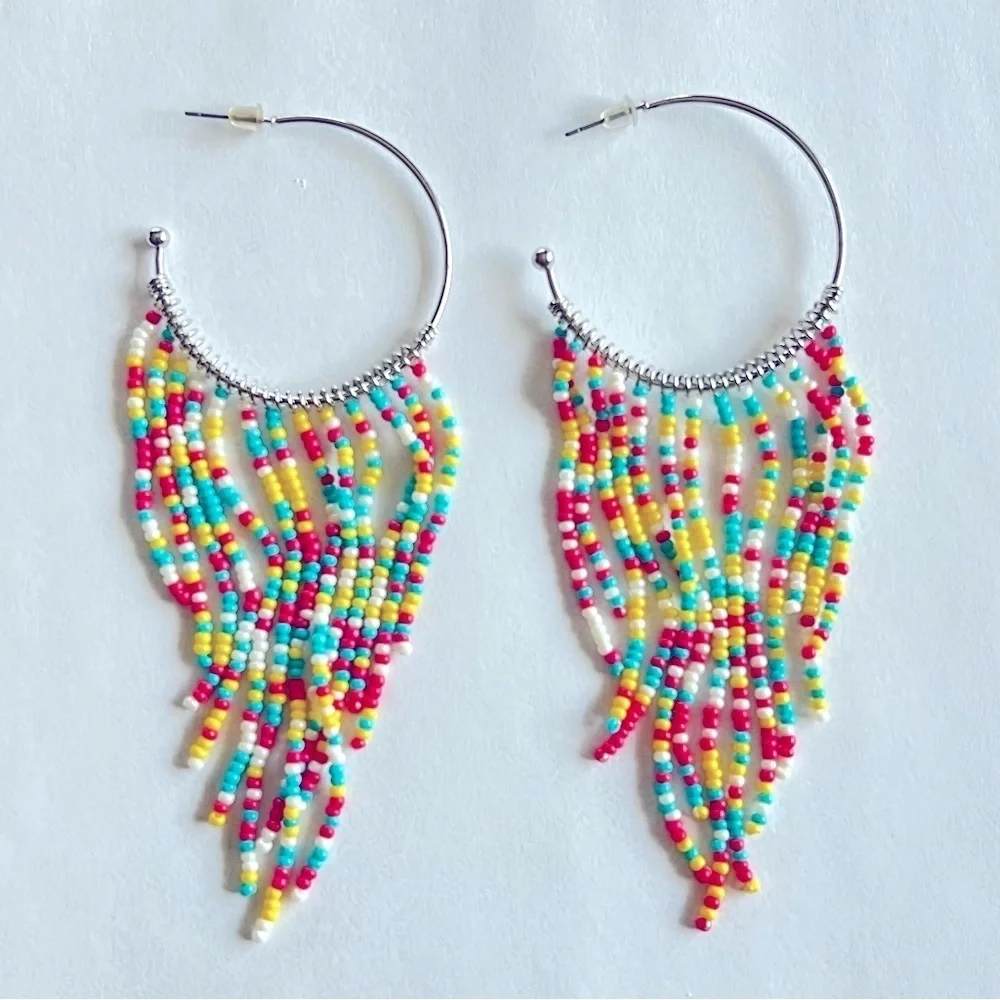 Hoops creole bohemian cascading dangly earrings, colorful beads jewelry